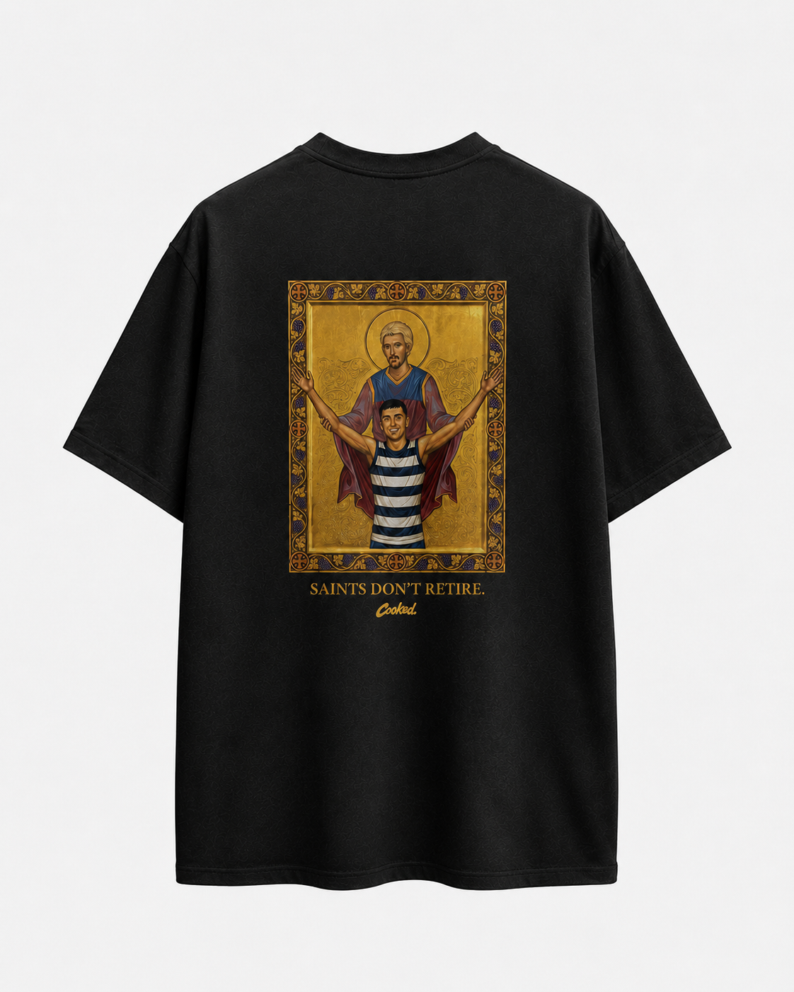LIVES FOREVER — Cooked 001 detail shot showing print quality on heavyweight combed cotton.