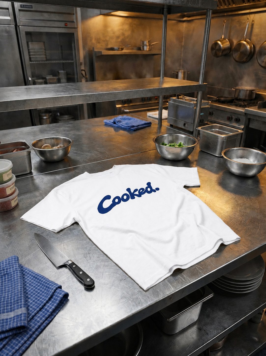 The Original — Cooked white heavyweight cotton tee with navy wordmark, flat lay on stainless steel kitchen pass